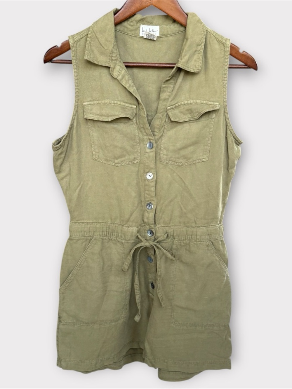 Nicole Miller Sleeveless Olive Green Shorts Romper Lyocell Linen Blend Size 4